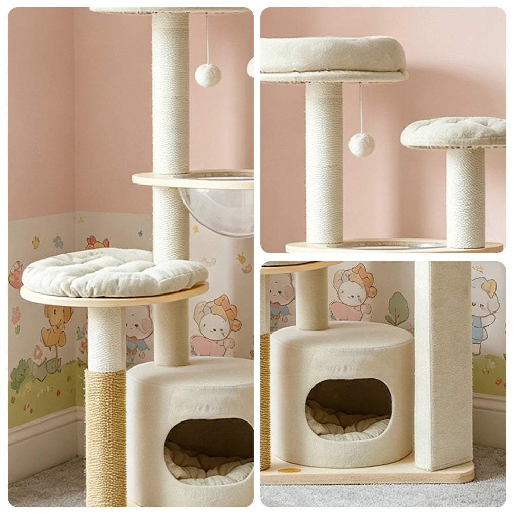 PAWORA Cheese Cat Tree - 132cm Upgraded Compact Condo Tower with Cushion Set & Scratching Board - Cream