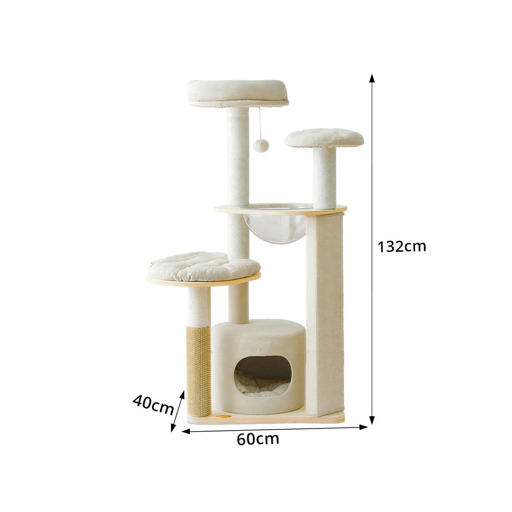 PAWORA Cheese Cat Tree - 132cm Upgraded Compact Condo Tower with Cushion Set & Scratching Board - Cream