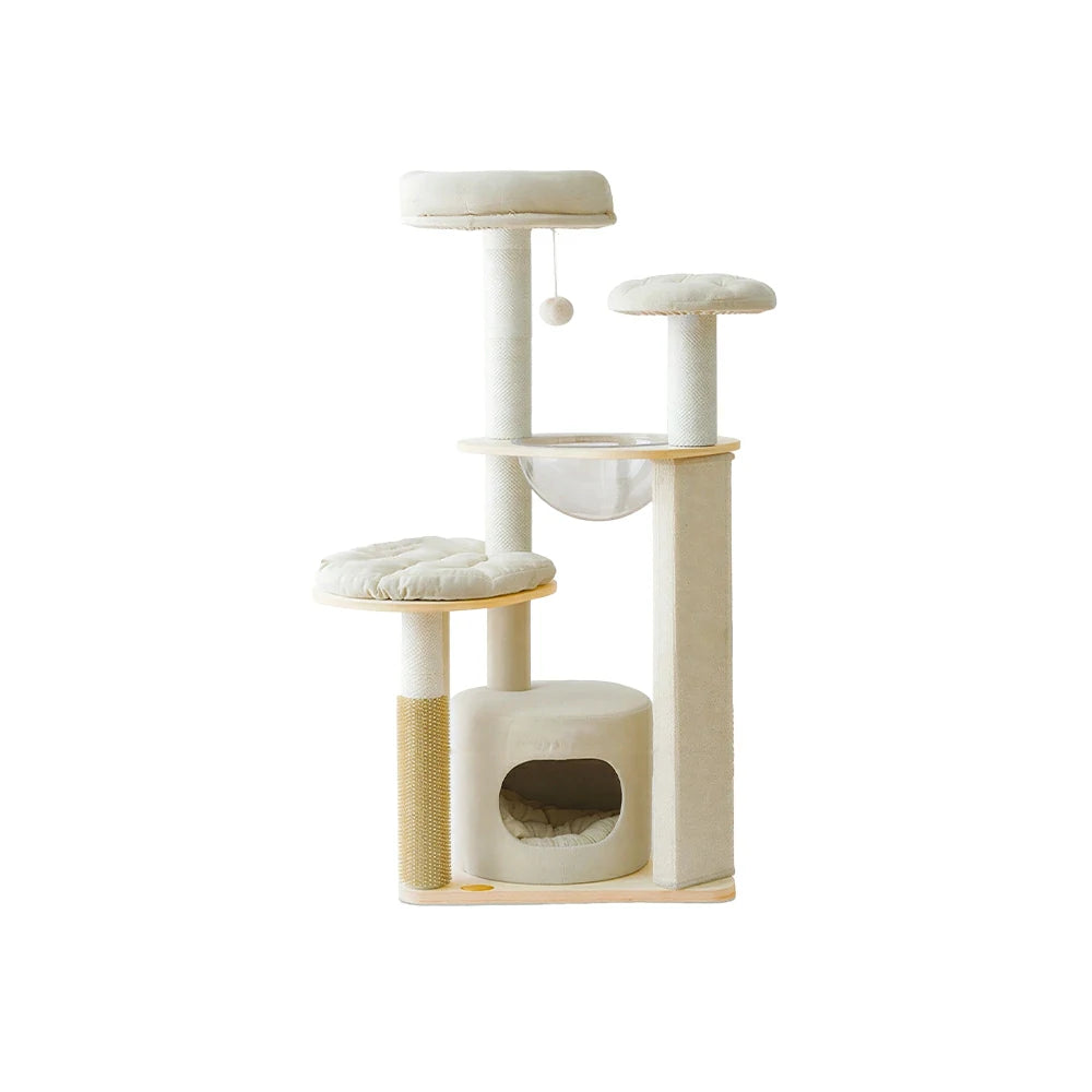PAWORA Cheese Cat Tree - 132cm Upgraded Compact Condo Tower with Cushion Set & Scratching Board - Cream