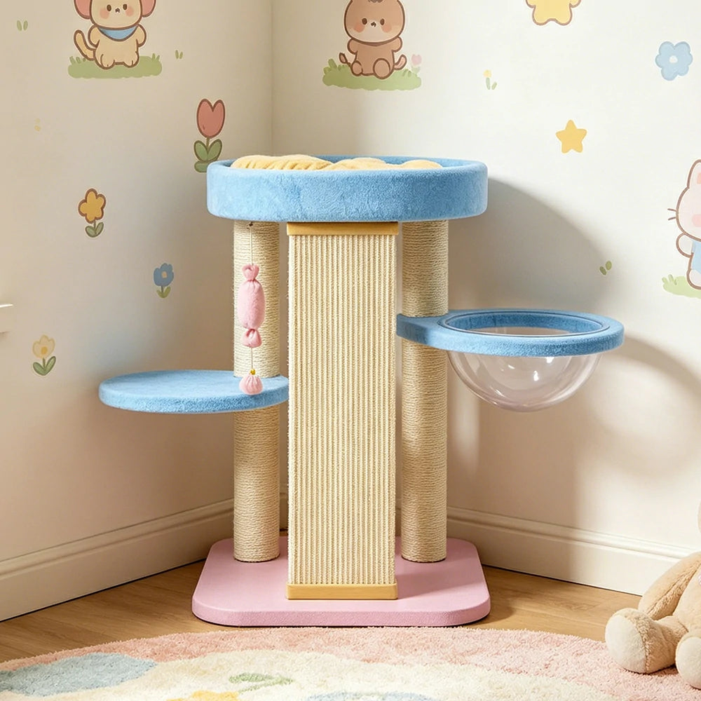 PAWORA Balance Cat Tree - Multi-Level Pastel Tower with Single-Sided Sisal Board & Capsule - Blue Pink