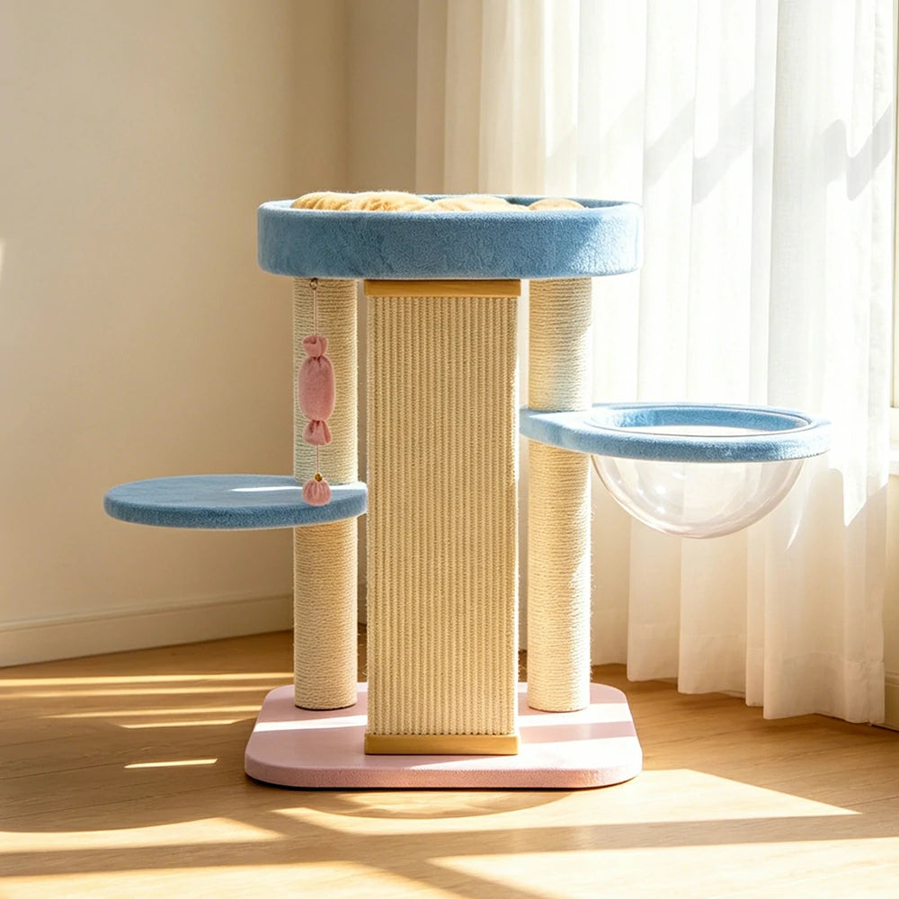 PAWORA Balance Cat Tree - Multi-Level Pastel Tower with Single-Sided Sisal Board & Capsule - Blue Pink