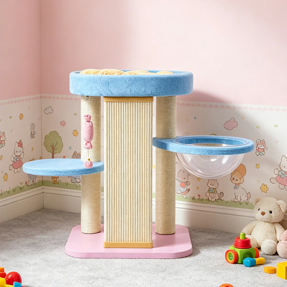 PAWORA Balance Cat Tree - Multi-Level Pastel Tower with Single-Sided Sisal Board & Capsule - Blue Pink