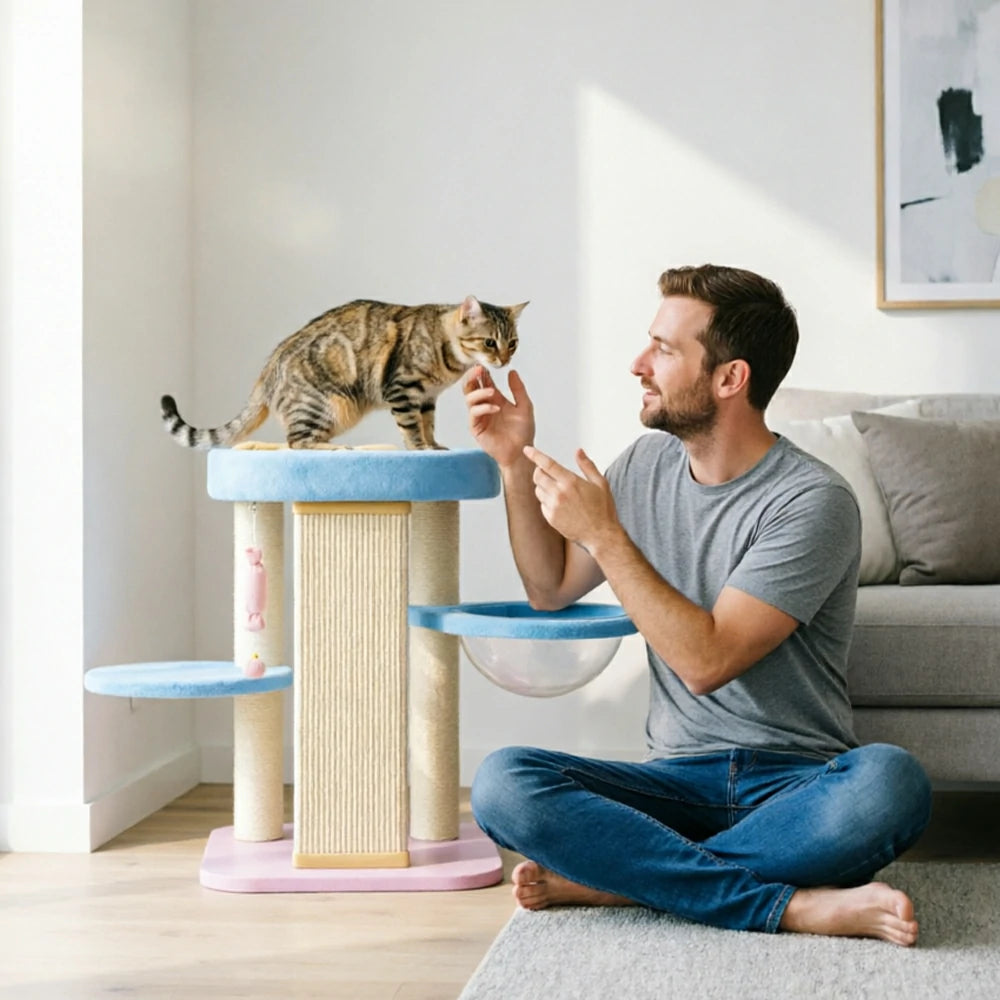 PAWORA Balance Cat Tree - Multi-Level Pastel Tower with Single-Sided Sisal Board & Capsule - Blue Pink
