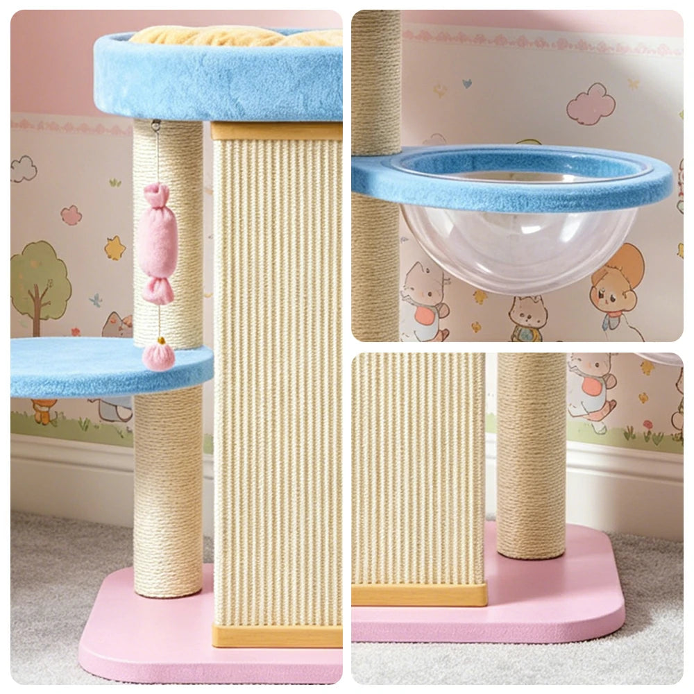 PAWORA Balance Cat Tree - Multi-Level Pastel Tower with Single-Sided Sisal Board & Capsule - Blue Pink