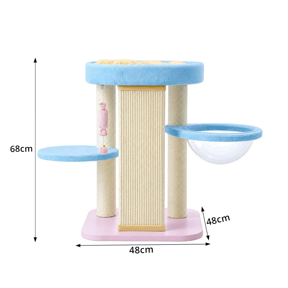 PAWORA Balance Cat Tree - Multi-Level Pastel Tower with Single-Sided Sisal Board & Capsule - Blue Pink