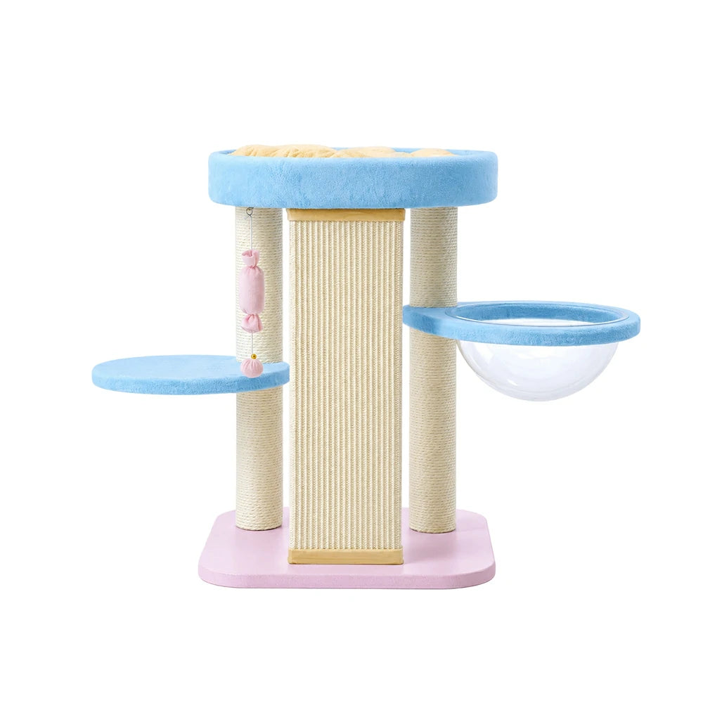 PAWORA Balance Cat Tree - Multi-Level Pastel Tower with Single-Sided Sisal Board & Capsule - Blue Pink