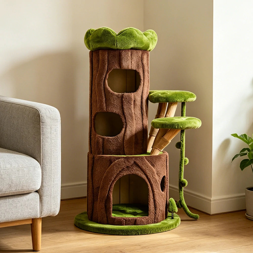 PAWORA Jungle Cat Tree - 129cm Forest-Style Multi-Level Cat Condo with Sisal Scratching Area - Green Brown