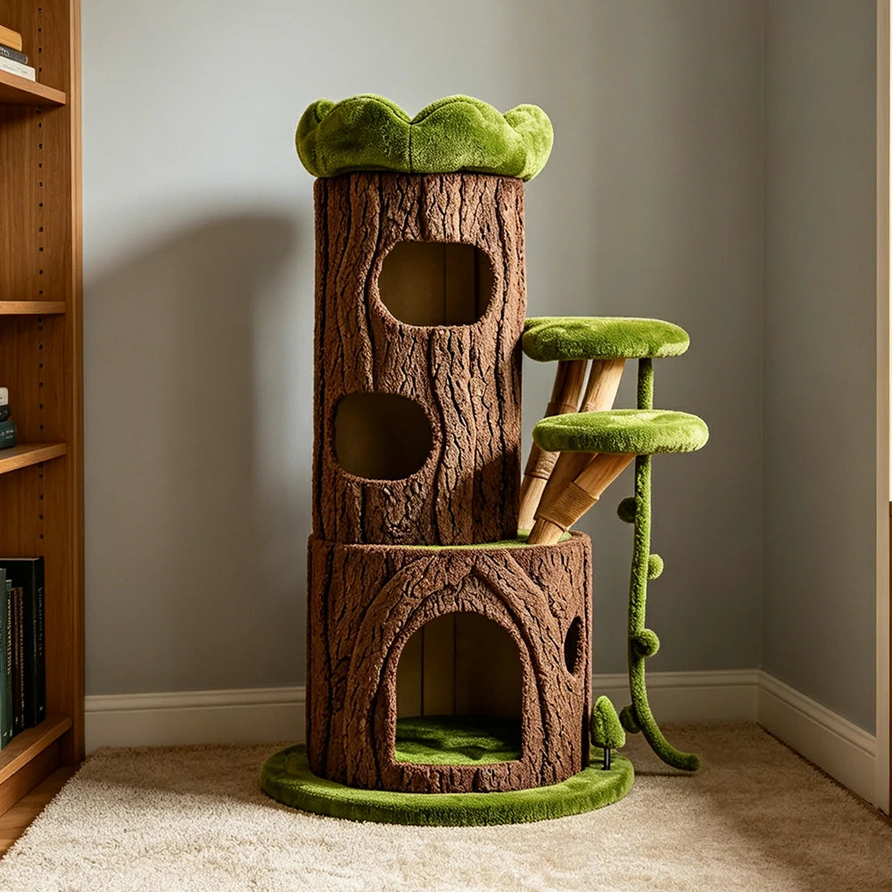 PAWORA Jungle Cat Tree - 129cm Forest-Style Multi-Level Cat Condo with Sisal Scratching Area - Green Brown