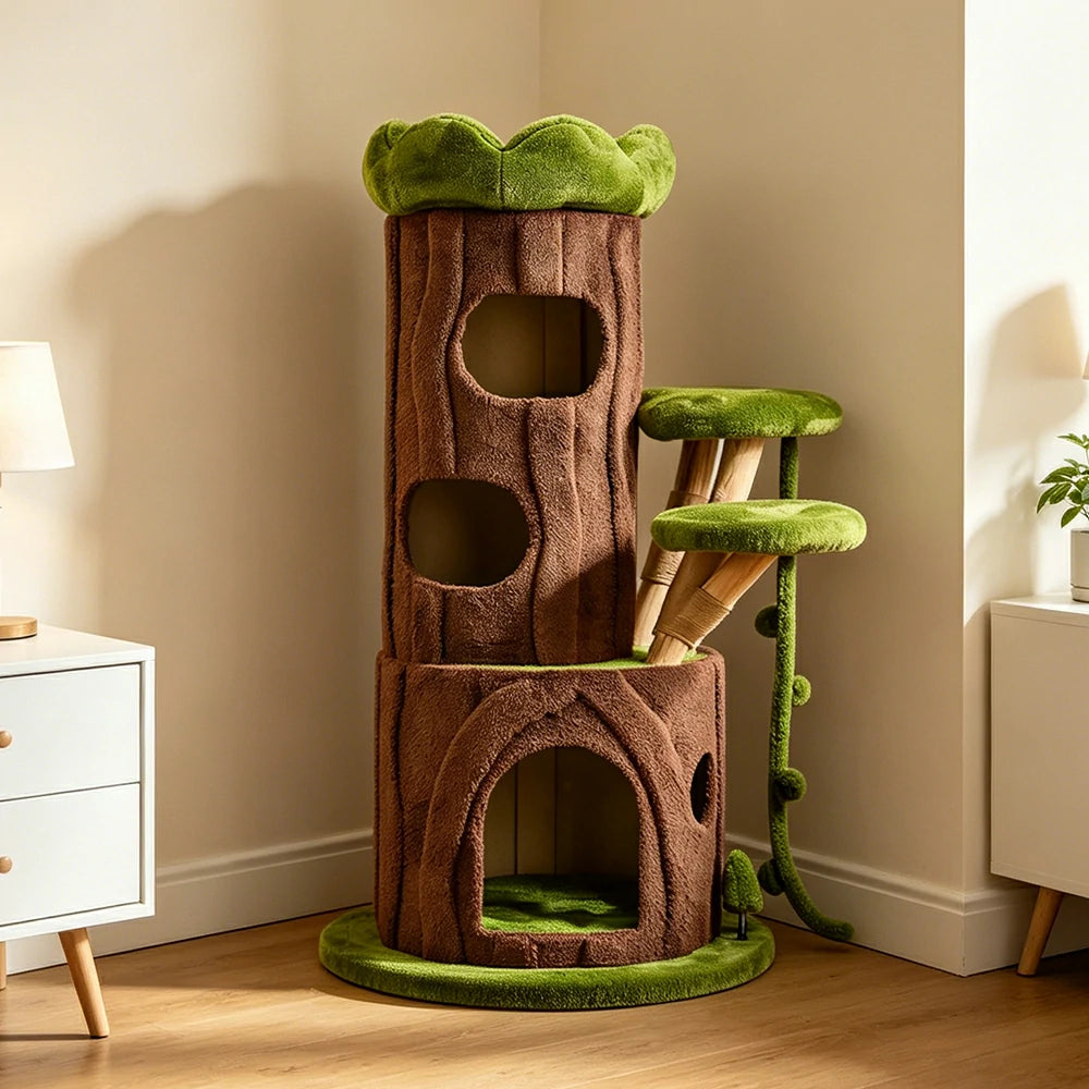 PAWORA Jungle Cat Tree - 129cm Forest-Style Multi-Level Cat Condo with Sisal Scratching Area - Green Brown