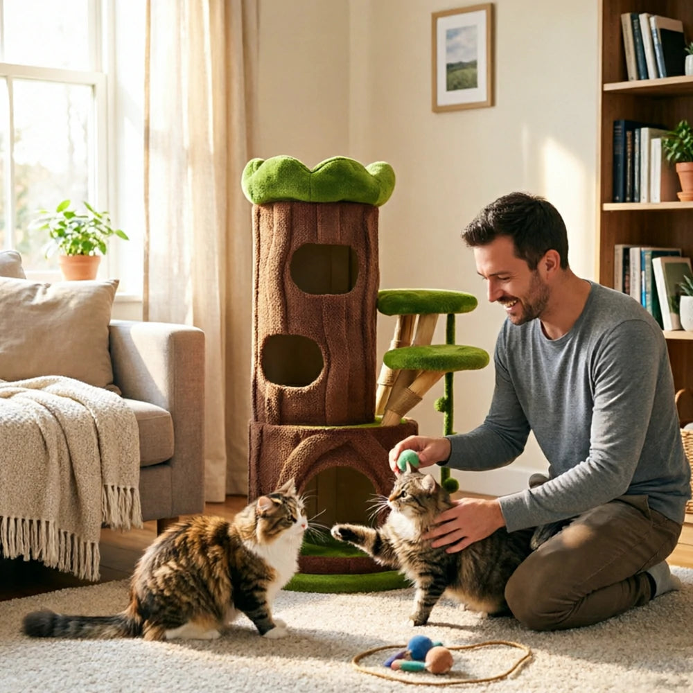 PAWORA Jungle Cat Tree - 129cm Forest-Style Multi-Level Cat Condo with Sisal Scratching Area - Green Brown