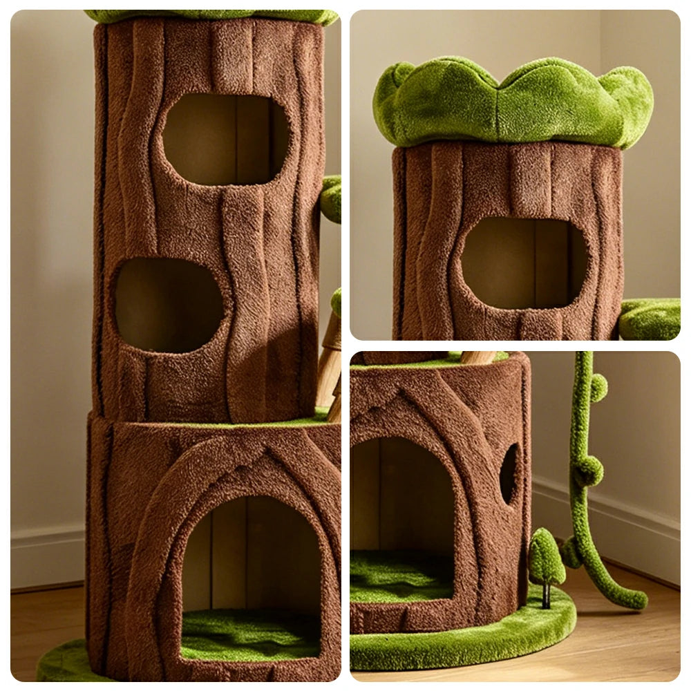 PAWORA Jungle Cat Tree - 129cm Forest-Style Multi-Level Cat Condo with Sisal Scratching Area - Green Brown
