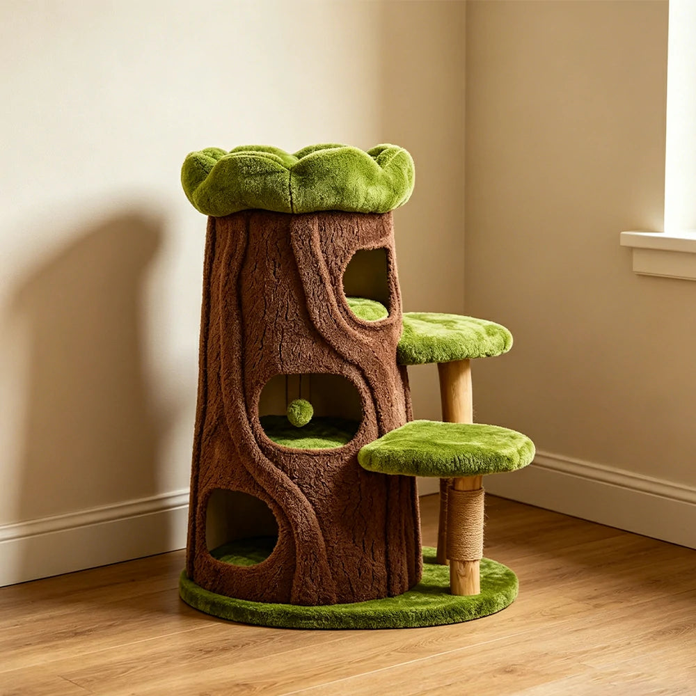 PAWORA Jungle Cat Tree - 100cm Forest-Style Cat Condo Tower with Sisal Scratching Post - Green Brown