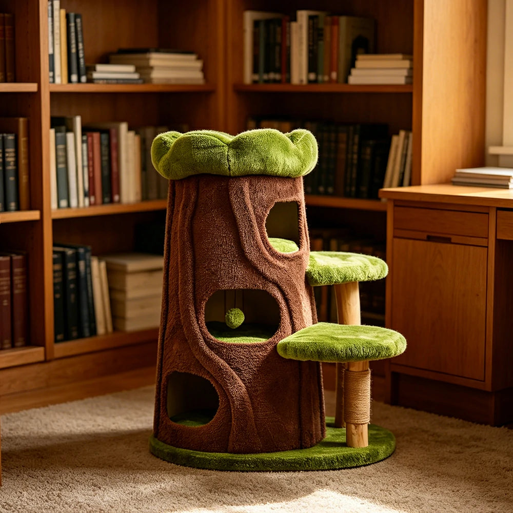PAWORA Jungle Cat Tree - 100cm Forest-Style Cat Condo Tower with Sisal Scratching Post - Green Brown