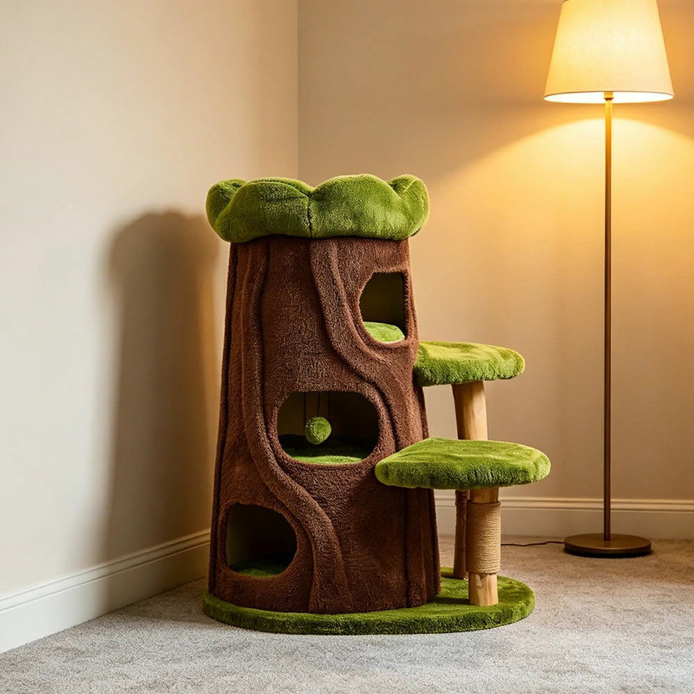 PAWORA Jungle Cat Tree - 100cm Forest-Style Cat Condo Tower with Sisal Scratching Post - Green Brown