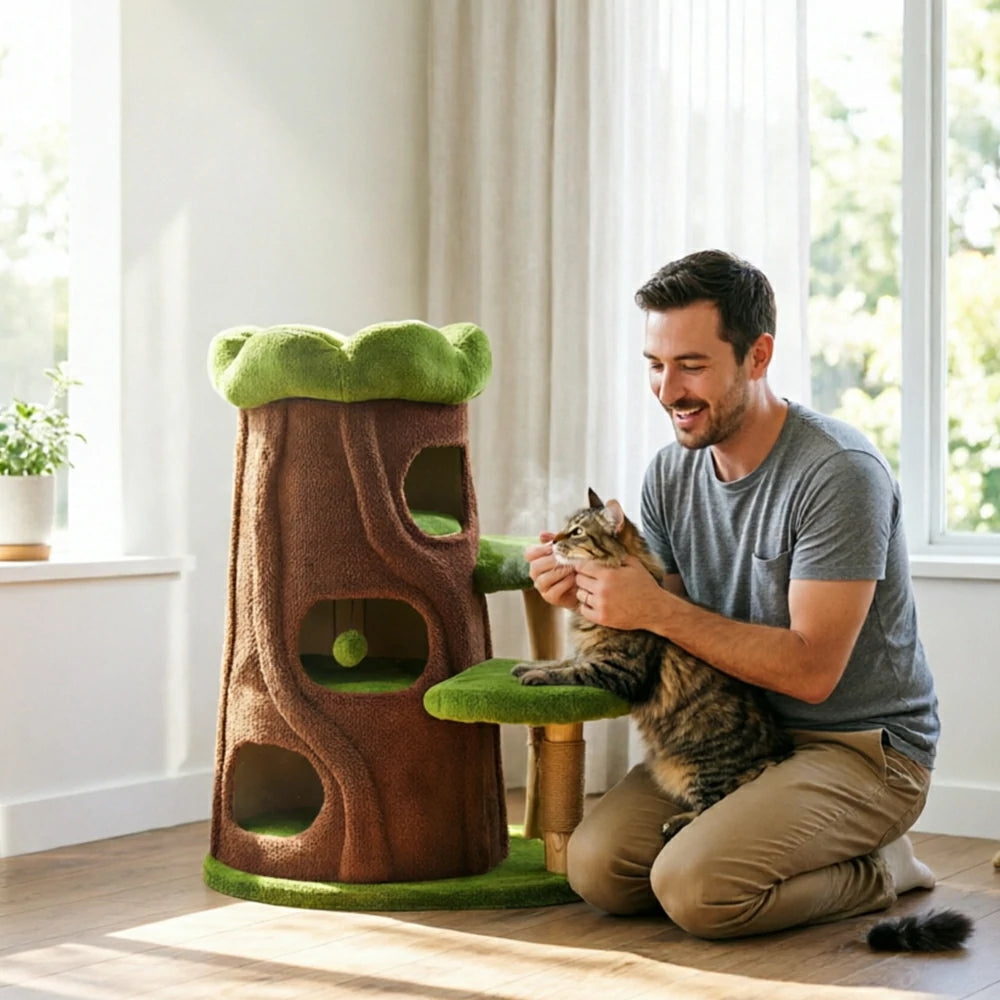 PAWORA Jungle Cat Tree - 100cm Forest-Style Cat Condo Tower with Sisal Scratching Post - Green Brown