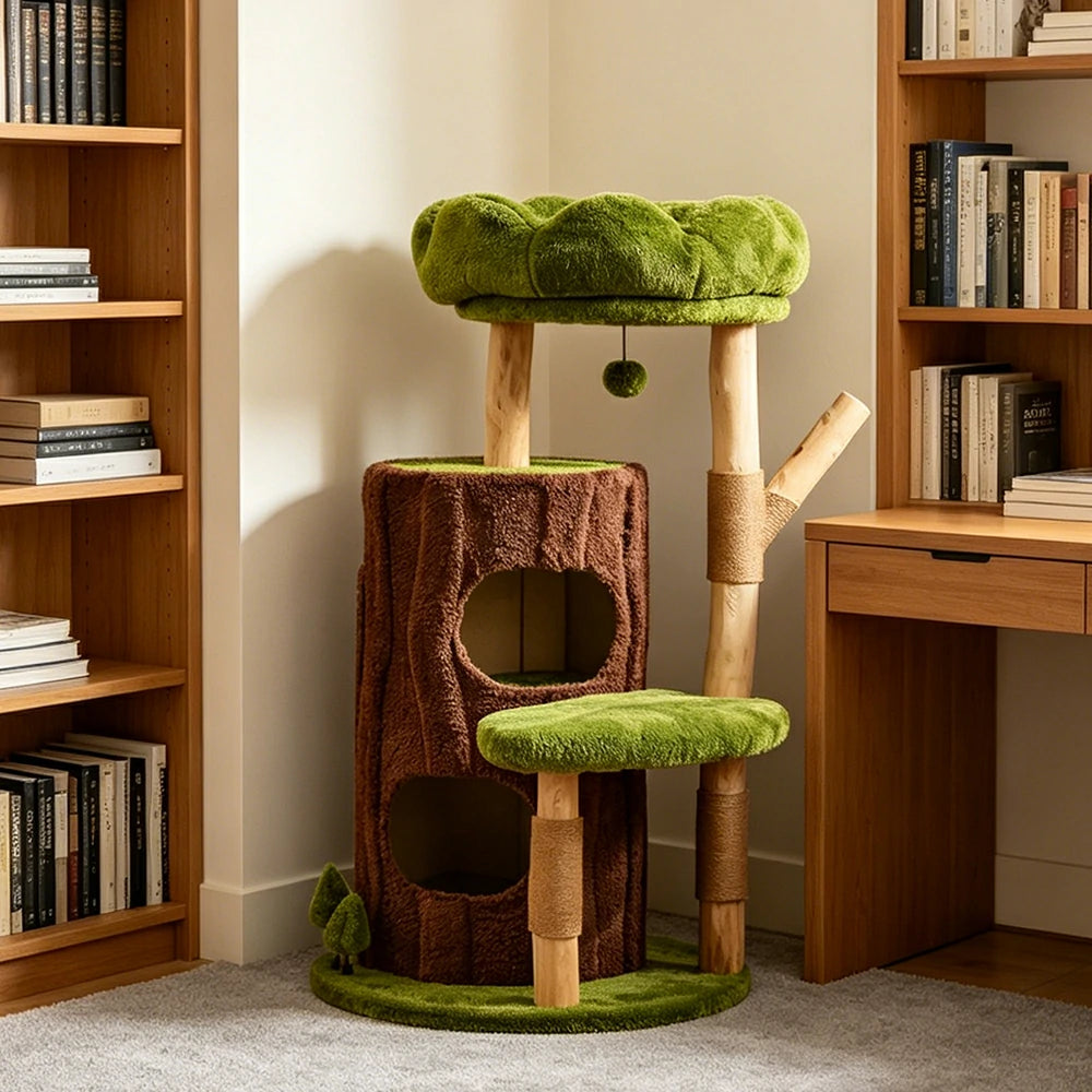 PAWORA Jungle Cat Tree - 111cm Forest-Style Cat Condo Tower with Natural Wood Scratching Posts - Green Brown