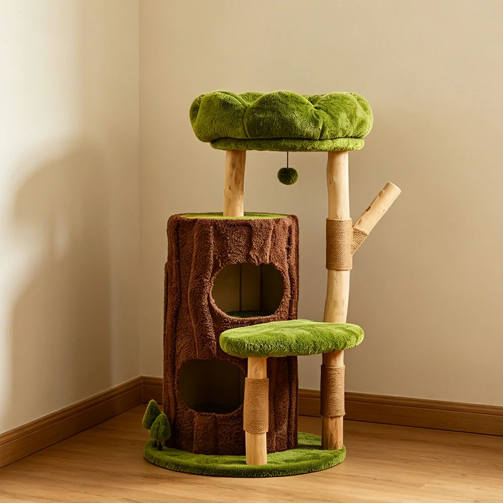 PAWORA Jungle Cat Tree - 111cm Forest-Style Cat Condo Tower with Natural Wood Scratching Posts - Green Brown