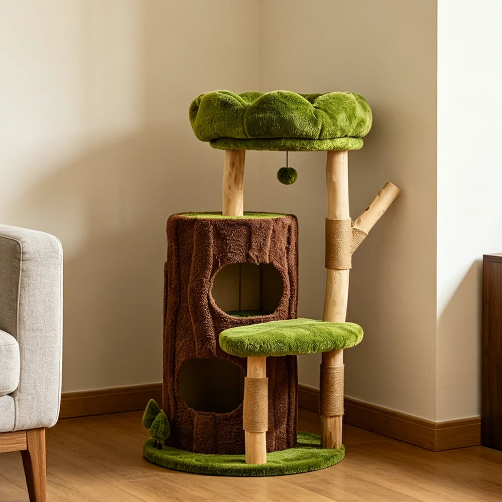 PAWORA Jungle Cat Tree - 111cm Forest-Style Cat Condo Tower with Natural Wood Scratching Posts - Green Brown