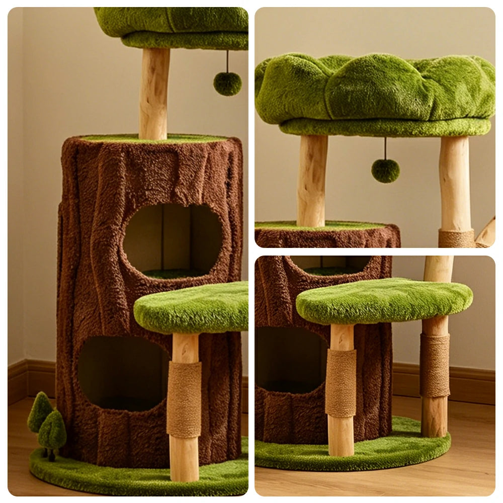 PAWORA Jungle Cat Tree - 111cm Forest-Style Cat Condo Tower with Natural Wood Scratching Posts - Green Brown