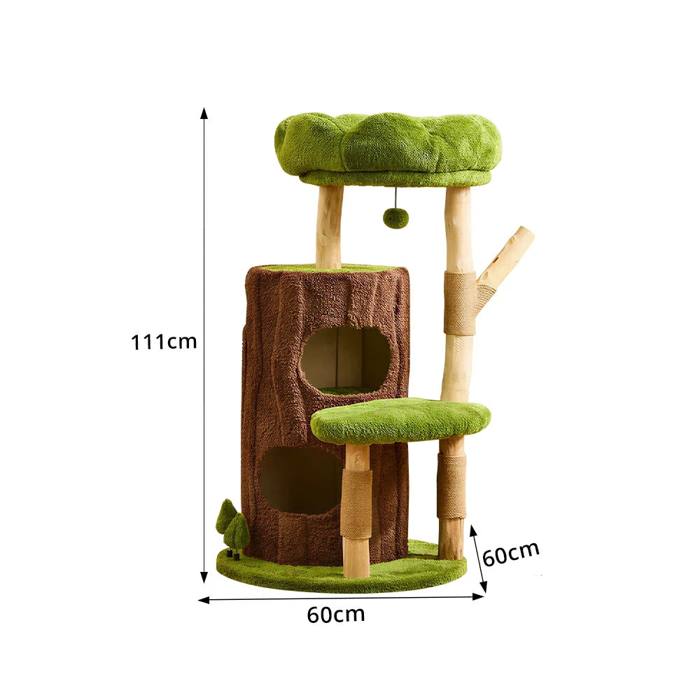 PAWORA Jungle Cat Tree - 111cm Forest-Style Cat Condo Tower with Natural Wood Scratching Posts - Green Brown