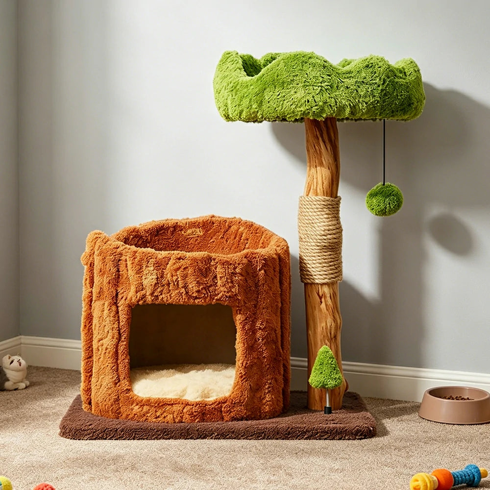 PAWORA Single-Level Treehouse Cat Tree - 75cm Forest-Style Cat Condo with Natural Wood Post - Green Brown
