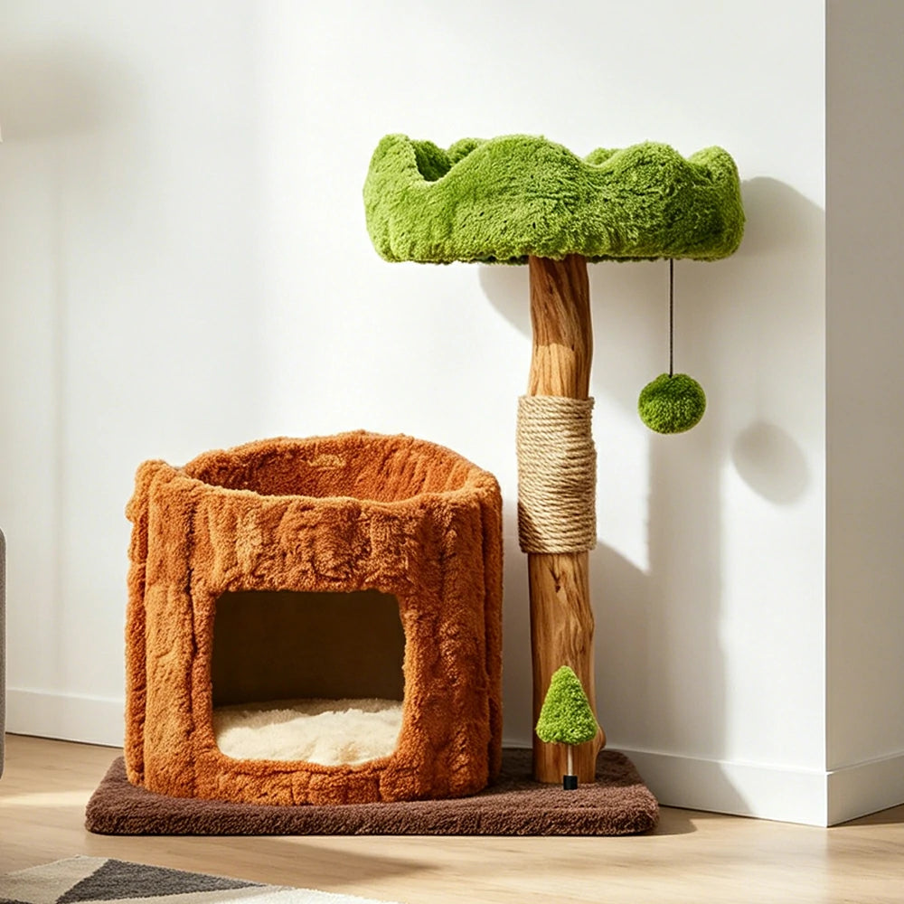 PAWORA Single-Level Treehouse Cat Tree - 75cm Forest-Style Cat Condo with Natural Wood Post - Green Brown