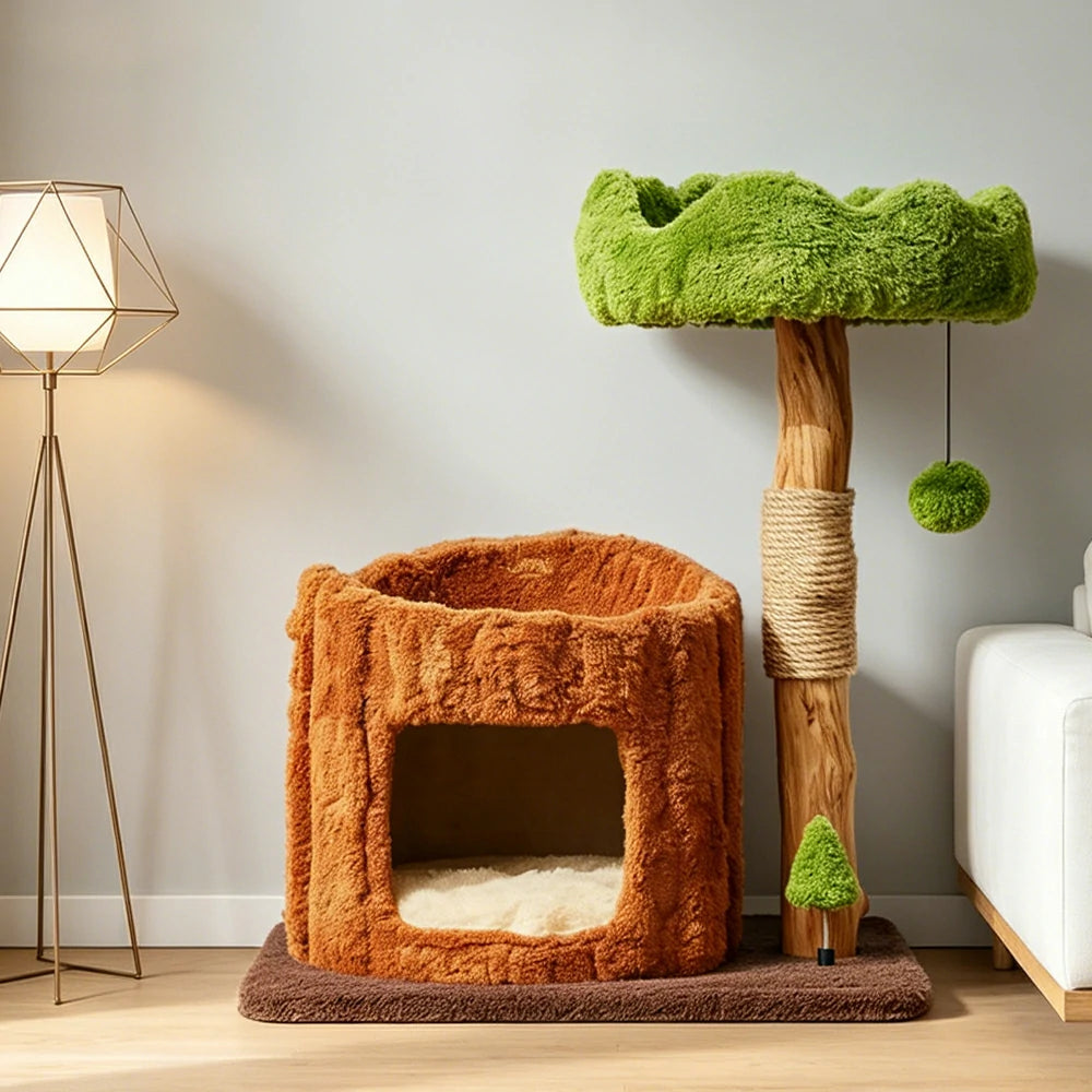 PAWORA Single-Level Treehouse Cat Tree - 75cm Forest-Style Cat Condo with Natural Wood Post - Green Brown