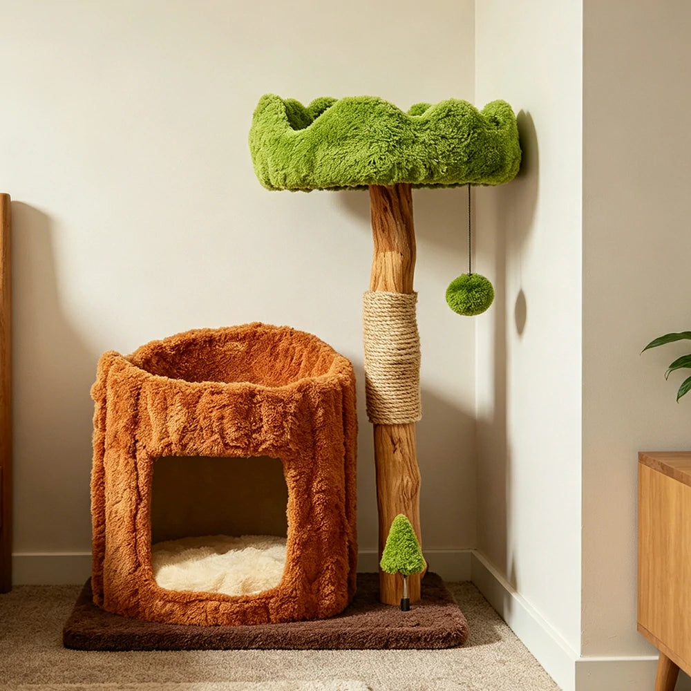 PAWORA Single-Level Treehouse Cat Tree - 75cm Forest-Style Cat Condo with Natural Wood Post - Green Brown