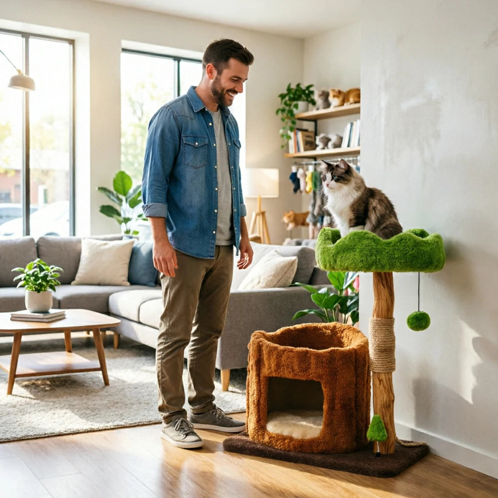 PAWORA Single-Level Treehouse Cat Tree - 75cm Forest-Style Cat Condo with Natural Wood Post - Green Brown