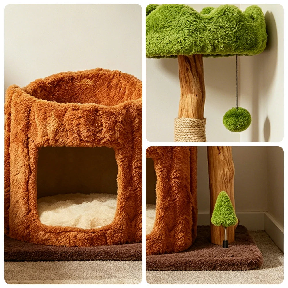 PAWORA Single-Level Treehouse Cat Tree - 75cm Forest-Style Cat Condo with Natural Wood Post - Green Brown