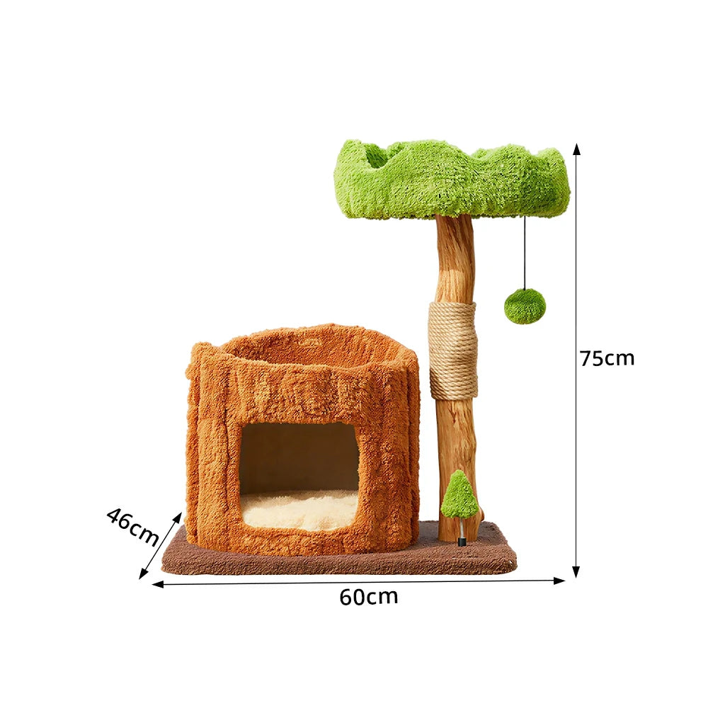 PAWORA Single-Level Treehouse Cat Tree - 75cm Forest-Style Cat Condo with Natural Wood Post - Green Brown