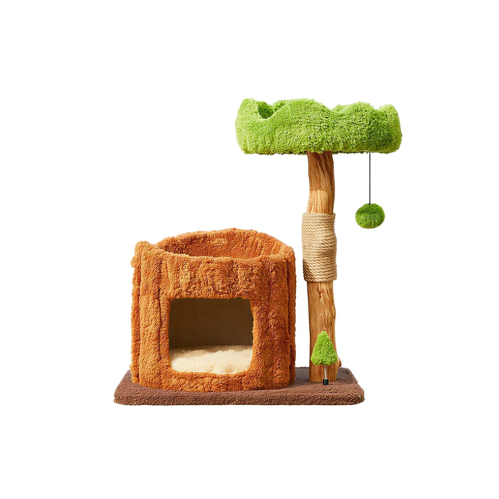 PAWORA Single-Level Treehouse Cat Tree - 75cm Forest-Style Cat Condo with Natural Wood Post - Green Brown