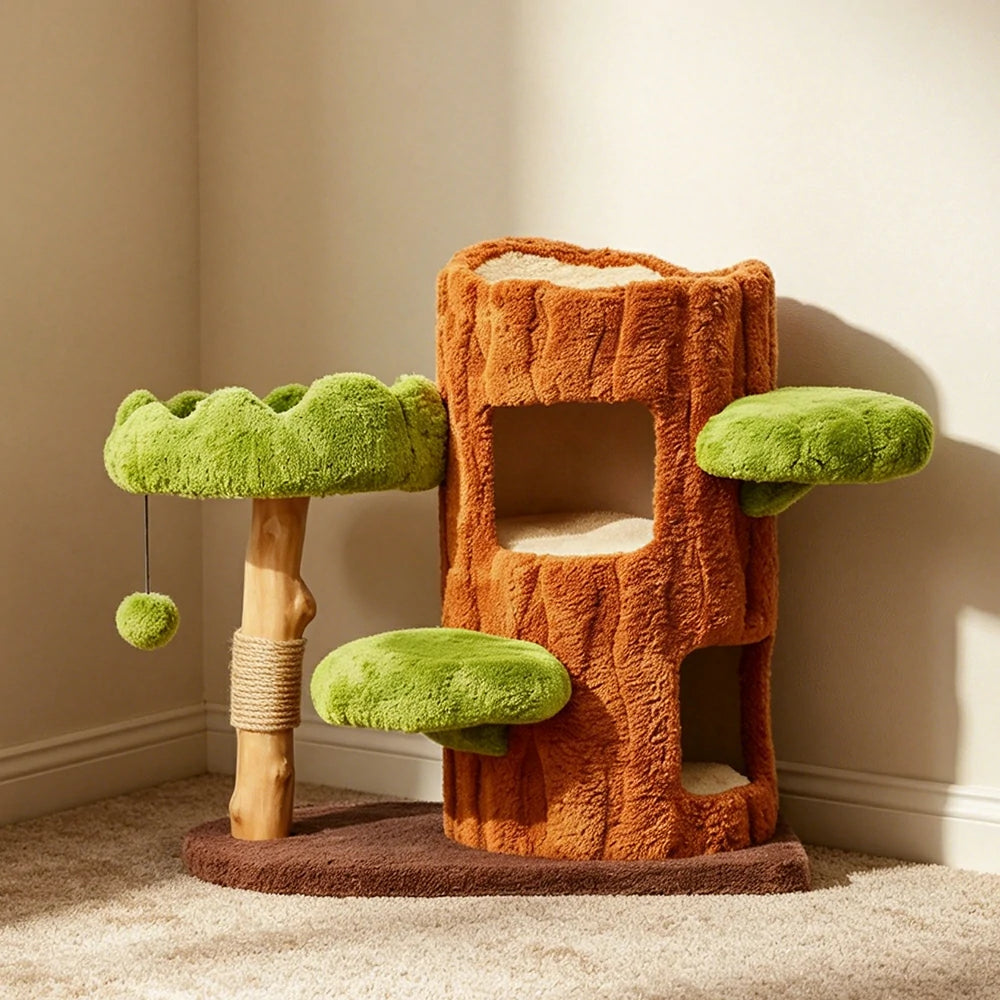 PAWORA Double-Level Treehouse Cat Tree - 78.5cm Forest-Style Cat Condo with Natural Wood Post - Green Brown