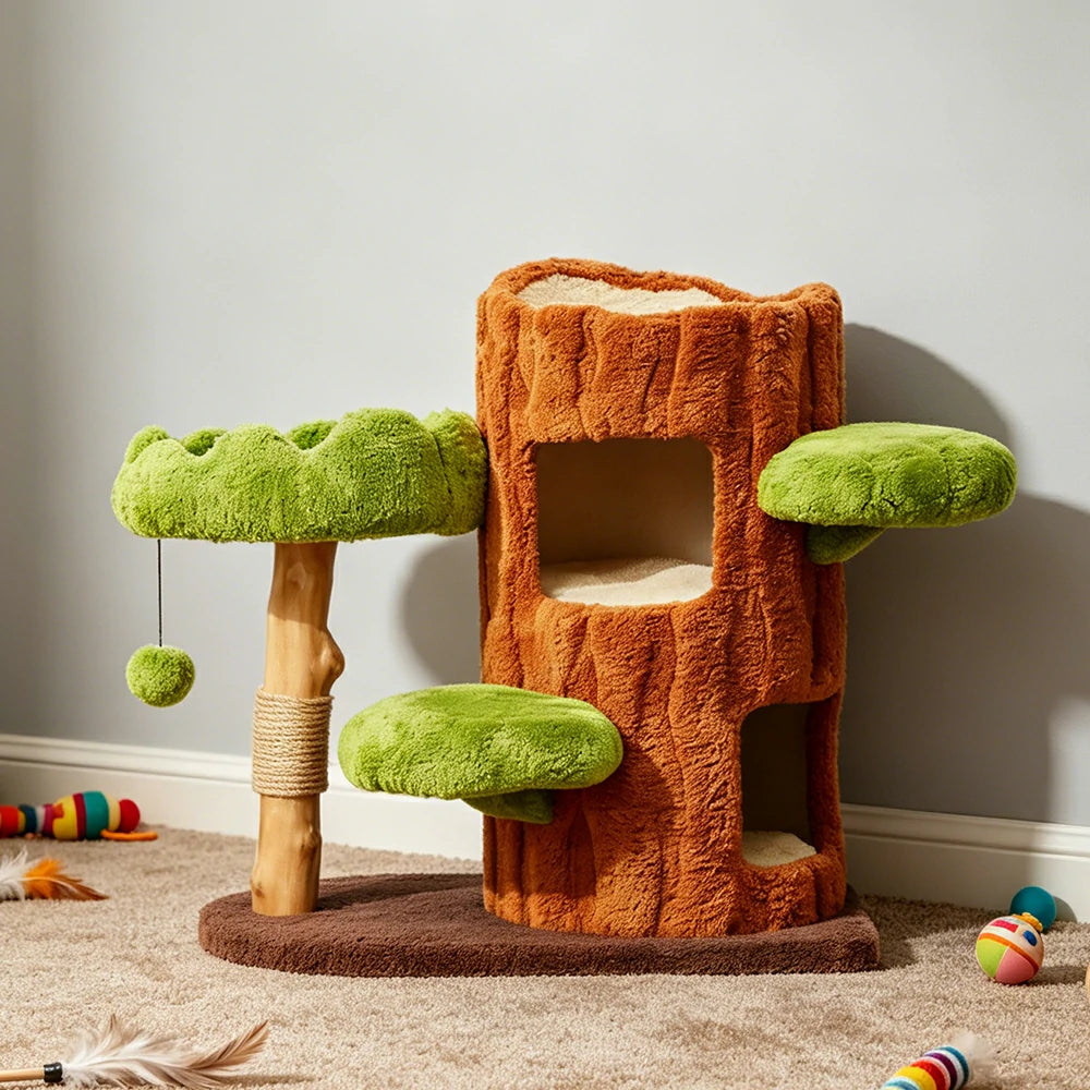 PAWORA Double-Level Treehouse Cat Tree - 78.5cm Forest-Style Cat Condo with Natural Wood Post - Green Brown