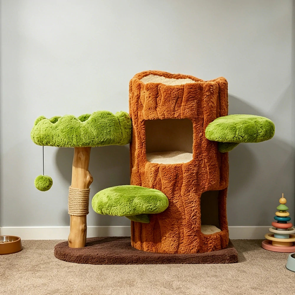 PAWORA Double-Level Treehouse Cat Tree - 78.5cm Forest-Style Cat Condo with Natural Wood Post - Green Brown
