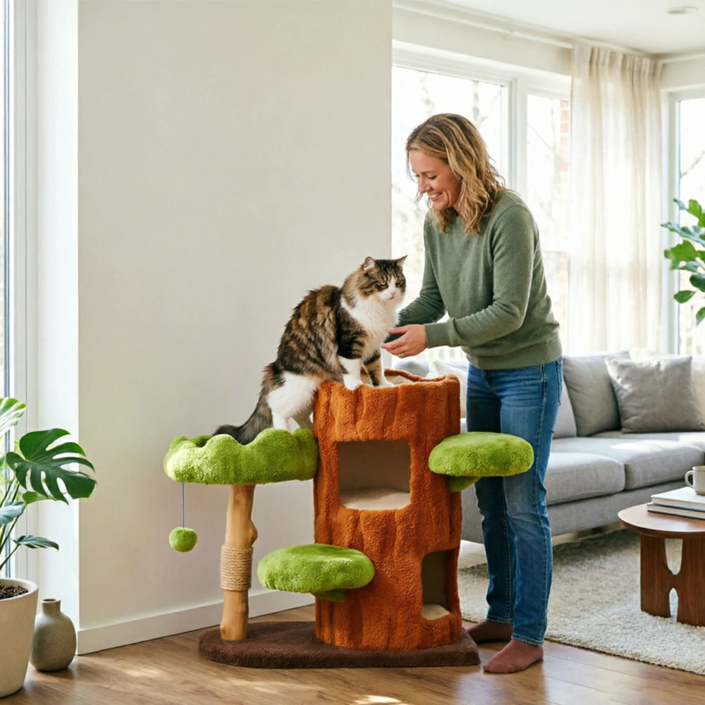 PAWORA Double-Level Treehouse Cat Tree - 78.5cm Forest-Style Cat Condo with Natural Wood Post - Green Brown