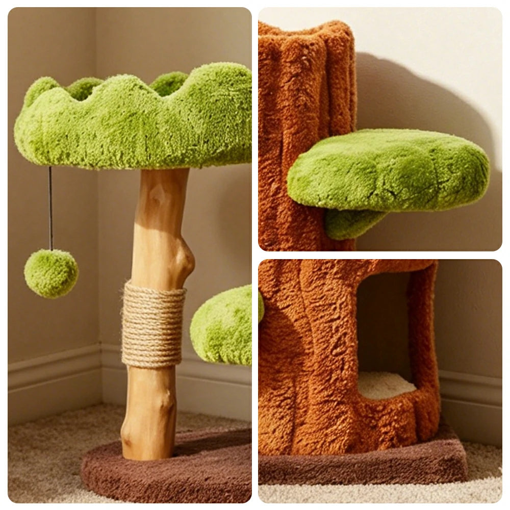 PAWORA Double-Level Treehouse Cat Tree - 78.5cm Forest-Style Cat Condo with Natural Wood Post - Green Brown