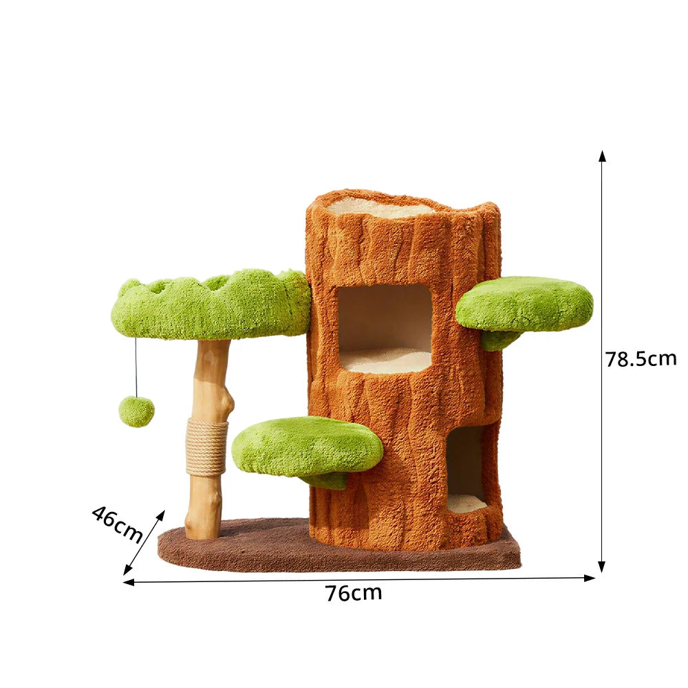 PAWORA Double-Level Treehouse Cat Tree - 78.5cm Forest-Style Cat Condo with Natural Wood Post - Green Brown