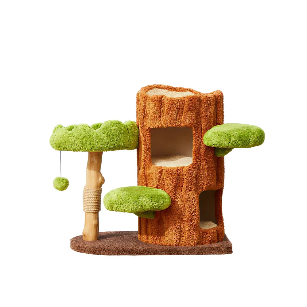 PAWORA Double-Level Treehouse Cat Tree - 78.5cm Forest-Style Cat Condo with Natural Wood Post - Green Brown