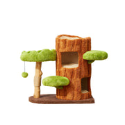 PAWORA Double-Level Treehouse Cat Tree - 78.5cm Forest-Style Cat Condo with Natural Wood Post - Green Brown