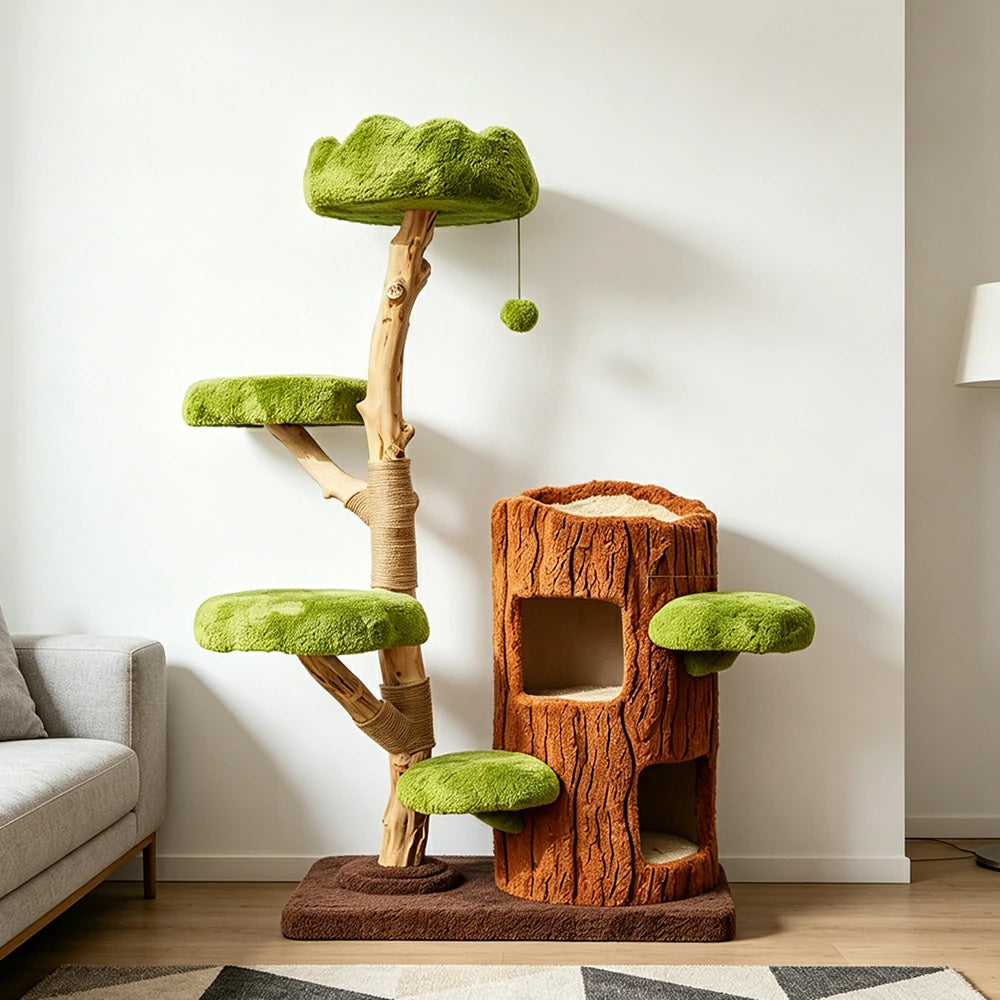 PAWORA Double-Level Treehouse Cat Tree - 142cm Forest-Style Cat Condo with Natural Wood Posts - Green Brown