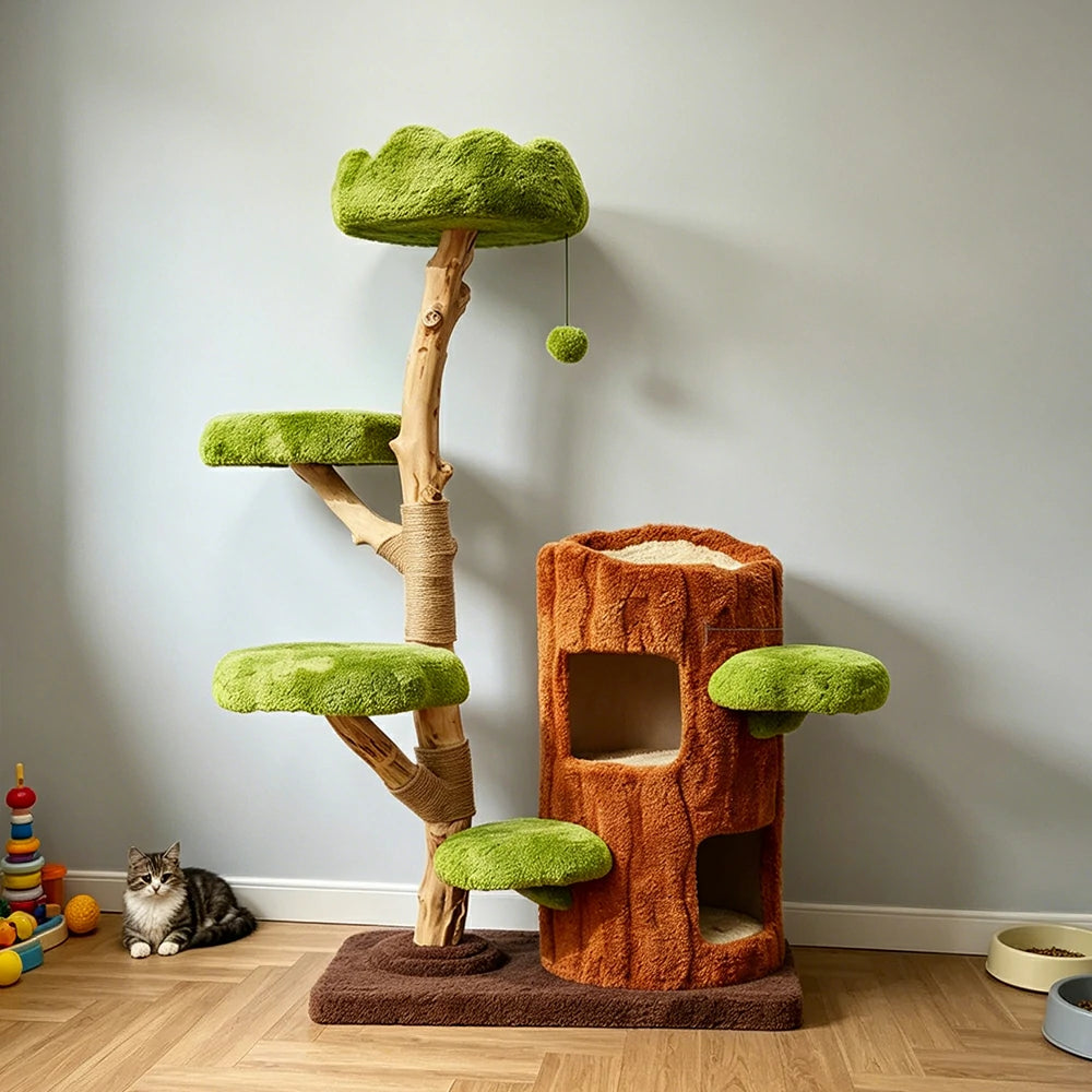 PAWORA Double-Level Treehouse Cat Tree - 142cm Forest-Style Cat Condo with Natural Wood Posts - Green Brown