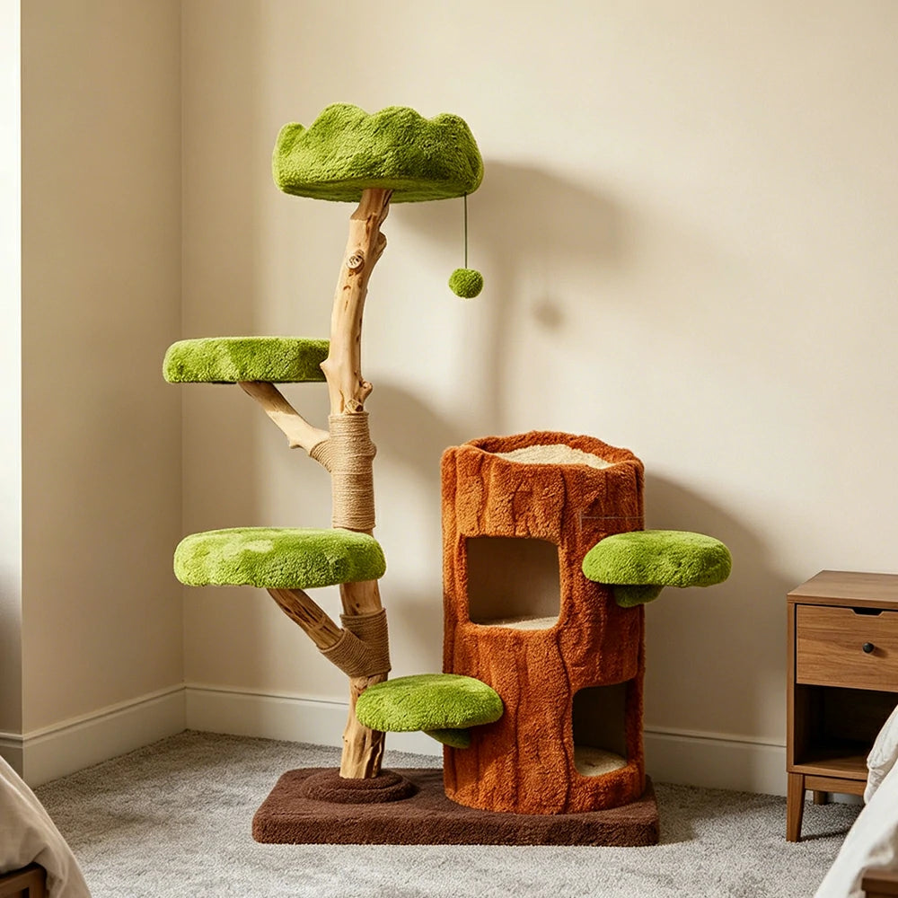 PAWORA Double-Level Treehouse Cat Tree - 142cm Forest-Style Cat Condo with Natural Wood Posts - Green Brown