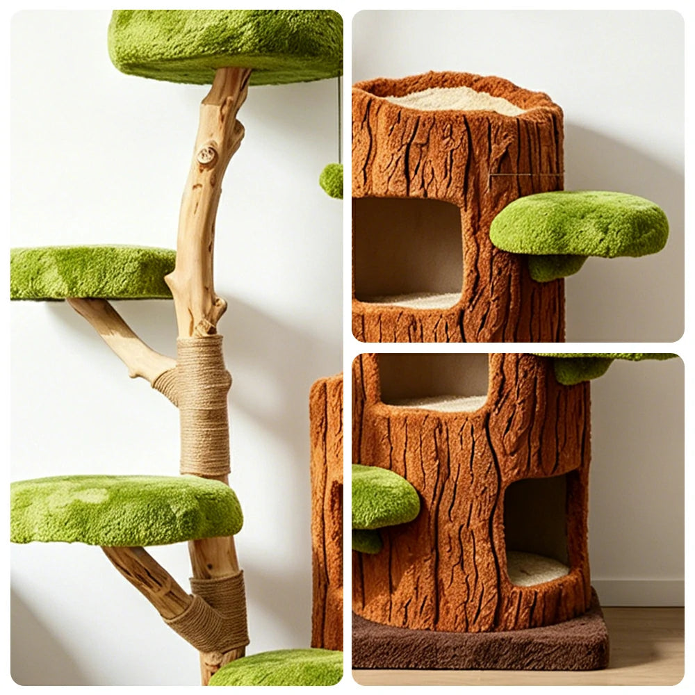 PAWORA Double-Level Treehouse Cat Tree - 142cm Forest-Style Cat Condo with Natural Wood Posts - Green Brown