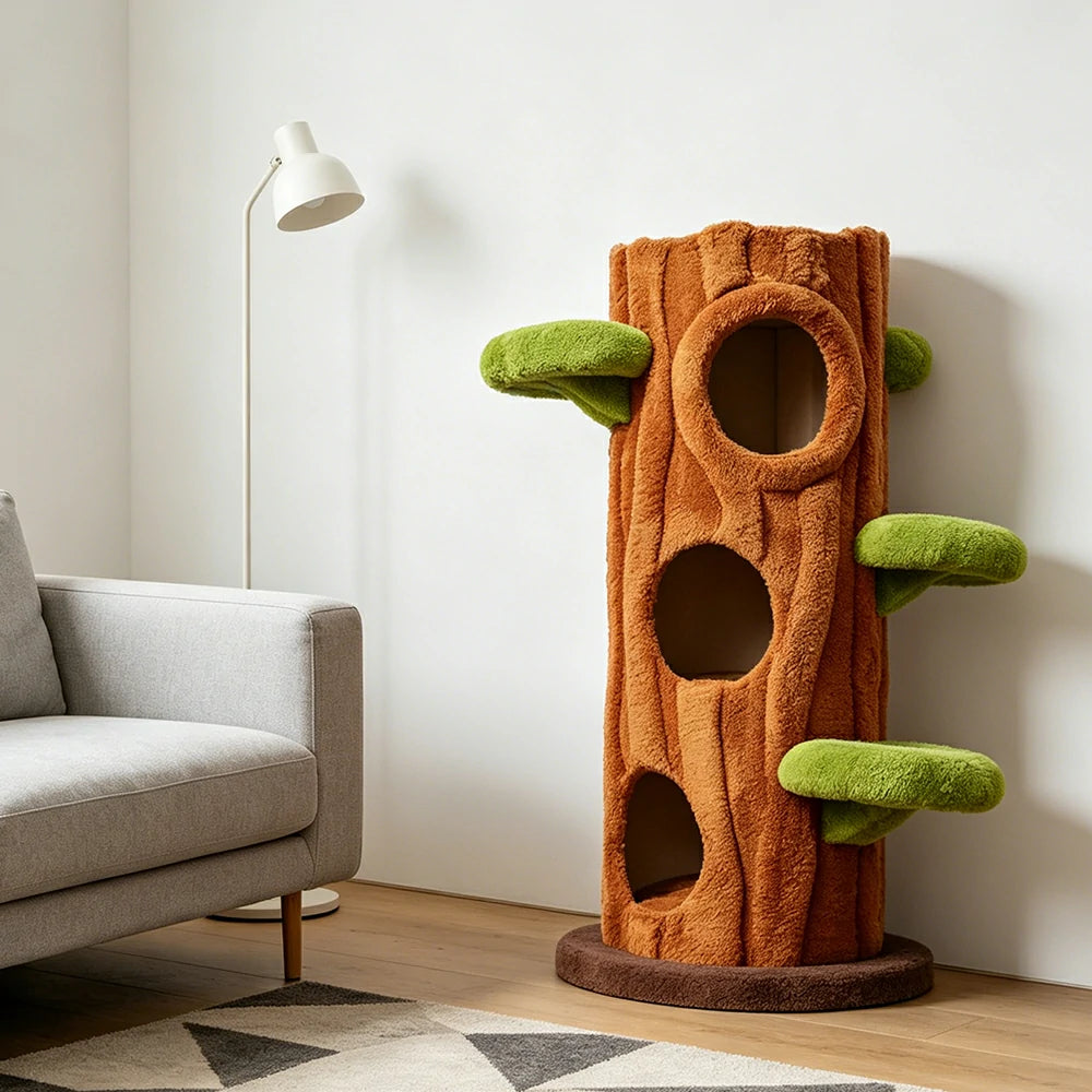 PAWORA Treehouse Cat Tree - 124cm Forest-Style Cat Condo with Tree Trunk Design - Green Brown