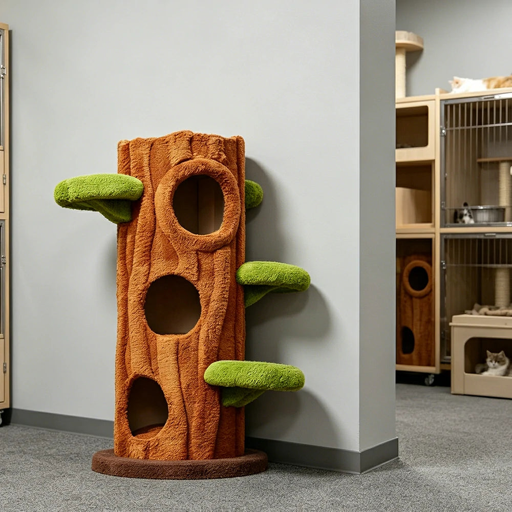 PAWORA Treehouse Cat Tree - 124cm Forest-Style Cat Condo with Tree Trunk Design - Green Brown
