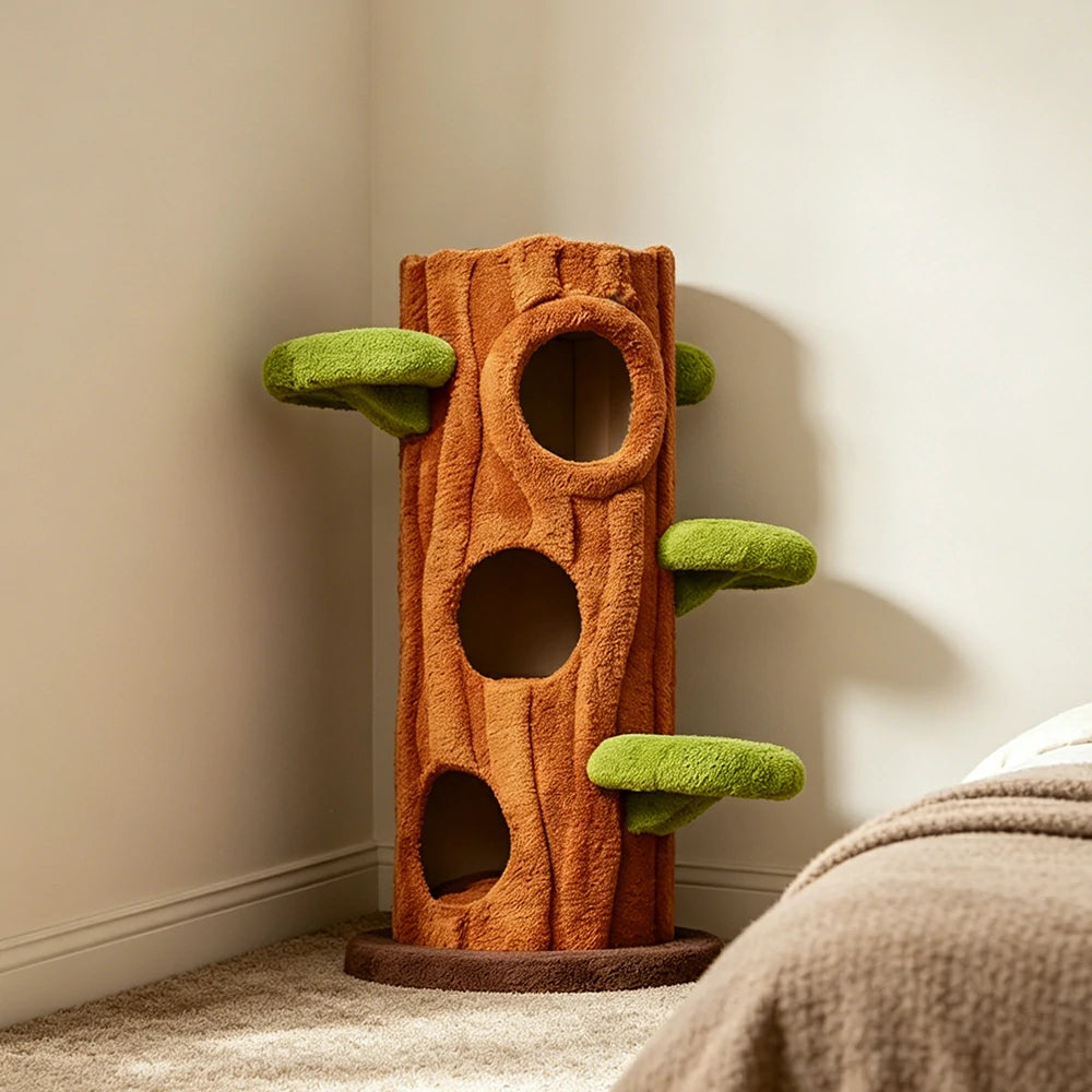 PAWORA Treehouse Cat Tree - 124cm Forest-Style Cat Condo with Tree Trunk Design - Green Brown