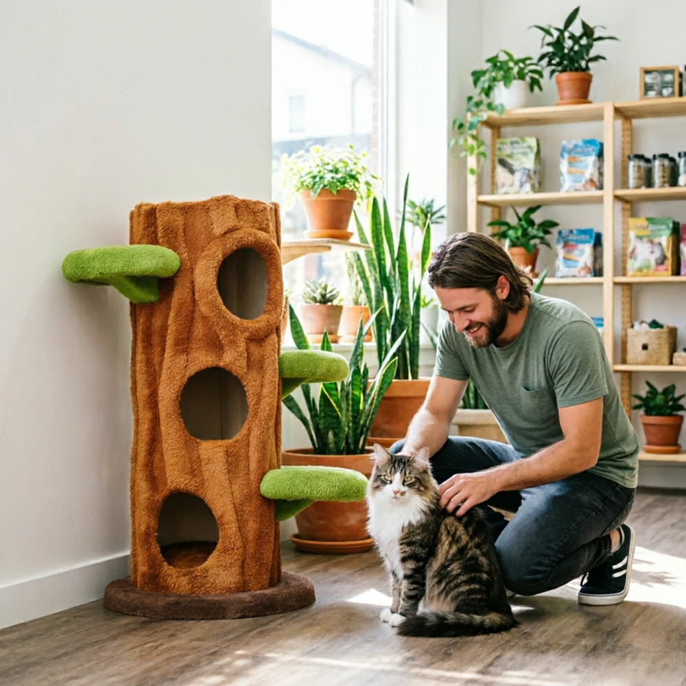 PAWORA Treehouse Cat Tree - 124cm Forest-Style Cat Condo with Tree Trunk Design - Green Brown