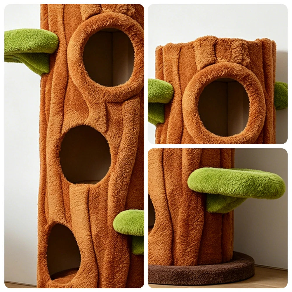 PAWORA Treehouse Cat Tree - 124cm Forest-Style Cat Condo with Tree Trunk Design - Green Brown