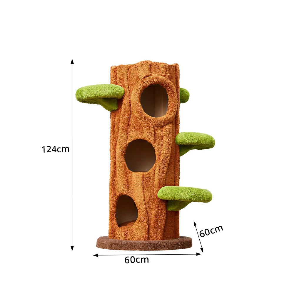 PAWORA Treehouse Cat Tree - 124cm Forest-Style Cat Condo with Tree Trunk Design - Green Brown
